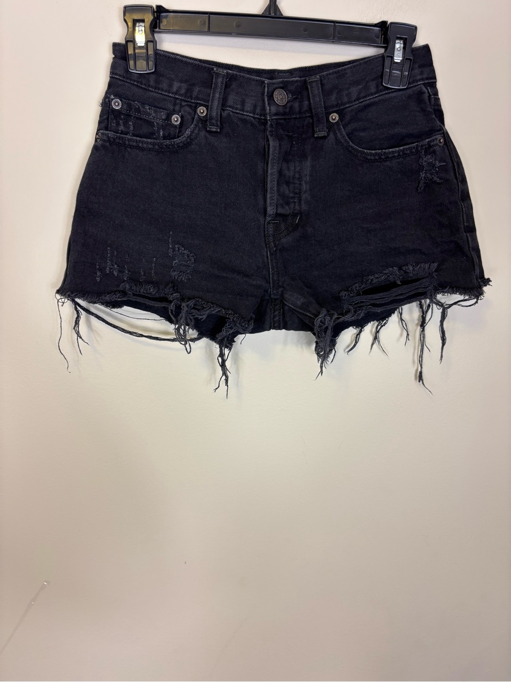 Free People Black Distressed Denim Cutoff Shorts with Hidden Button Fly 25